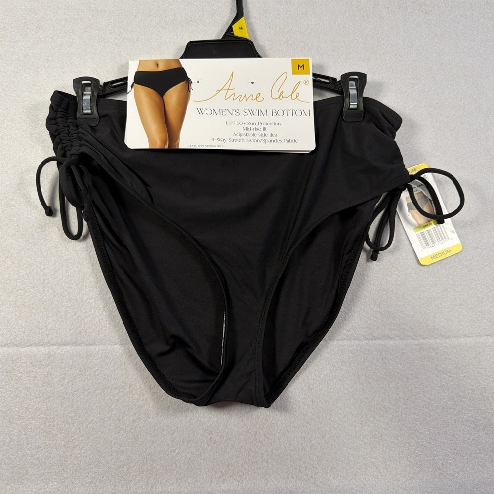 Anne Cole Womens Medium Black Mid Rise Swim Bottom Adjustable Side Ties UPF 50+